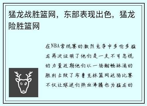 猛龙战胜篮网，东部表现出色，猛龙险胜篮网