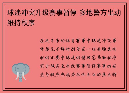 球迷冲突升级赛事暂停 多地警方出动维持秩序