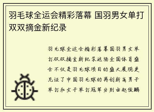 羽毛球全运会精彩落幕 国羽男女单打双双摘金新纪录