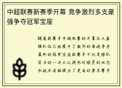 中超联赛新赛季开幕 竞争激烈多支豪强争夺冠军宝座