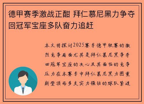 德甲赛季激战正酣 拜仁慕尼黑力争夺回冠军宝座多队奋力追赶