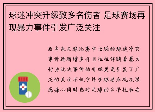 球迷冲突升级致多名伤者 足球赛场再现暴力事件引发广泛关注